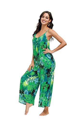 Jungle Green Women's Scoop Neck Floral Wide Leg Pants Jumpsuit (up to 3XL)