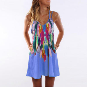 Feather Print Boho Chic Beach Dress