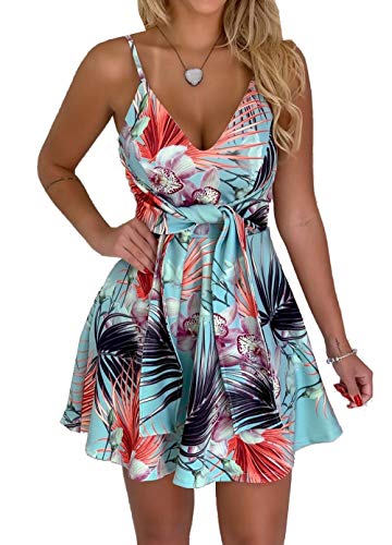 Floral  V Neck w. Spaghetti Straps  - Mini Dress with Front Sash