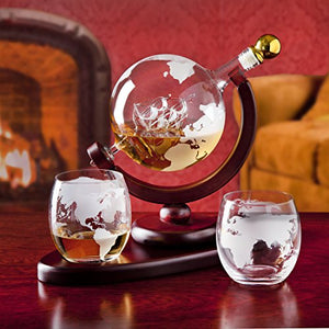 Whiskey Decanter Globe Set with 2 Etched Globe Whisky Glasses - for Liquor, Scotch, Bourbon, Vodka - 850ml