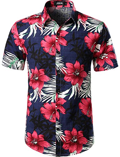 Men's Flower Casual Button Down Short Sleeve Hawaiian Shirt Medium Navy