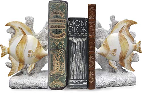 Ocean Harmony - Seaside Tales - Elegant Angelfish & Coral Reef Decorative Bookend Set Hand-Painted Beach House Shabby Chic Sea Life Marine Nautical Home Decor Shelf Accent, 7.5-inch
