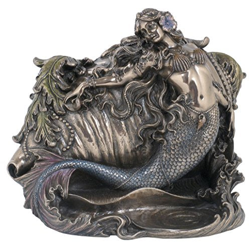 Art Nouveau Mermaid and Conch Jewelry Box, Bronze Powder Cast Statue 7.5-in