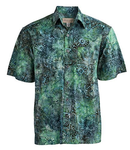 Hand Printed Indo Bay Tropical Hawaiian Cotton Batik Shirt (L, Green)