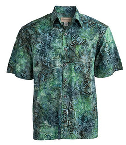 Hand Printed Indo Bay Tropical Hawaiian Cotton Batik Shirt (L, Green)