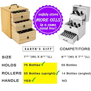 Essential Oil Box - Wooden Storage Case With Handle. Holds 75 Bottles & Roller Balls. 3 Tier Space Saver. Large Organizer