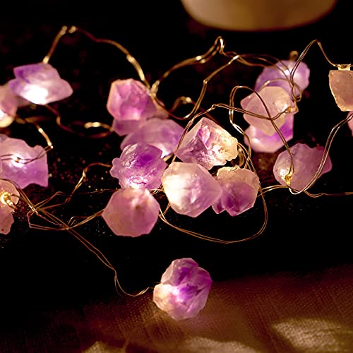 Natural Large Amethyst Raw Stones Battery Powered 6.5FT 20 LEDs with Remote/Timer