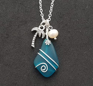 Handmade wire wrapped teal blue sea glass necklace, Tropical Palm tree, Natural pearl, (Hawaii Gift Wrapped)