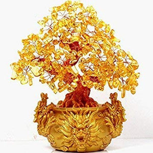 Citrine Yellow Crystal Money Tree with Chinese Dragon Pots