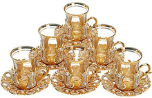 Load image into Gallery viewer, (Set of 6) Turkish Tea Glasses Set with Saucers Holders Spoons, Decorated with Swarovski Crystals and Pearl, 24 Pcs (Gold)