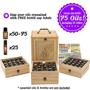 Essential Oil Box - Wooden Storage Case With Handle. Holds 75 Bottles & Roller Balls. 3 Tier Space Saver. Large Organizer
