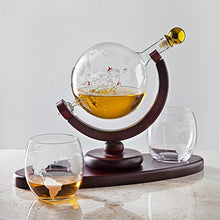 Load image into Gallery viewer, Whiskey Decanter Globe Set with 2 Etched Globe Whisky Glasses - for Liquor, Scotch, Bourbon, Vodka - 850ml
