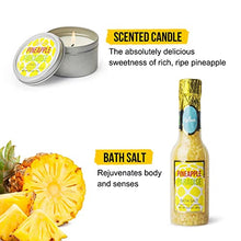 Load image into Gallery viewer, 5 Piece Bath and Body Set with Pineapple Scented Includes Essential Oil, Scented Candle, Bath Salt, Bath Bomb and Salt Scrub. Perfect Gift Box