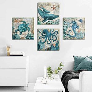 Teal Home Wall Art Decor - Ocean Theme Mediterranean Style Canvas Prints Framed and Stretched Ready to Hang Sea Animal Octopus Turtle Seahorse Whale Pictures Posters Bathroom - 12 x 12" Panel Set of 4