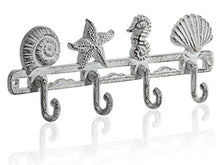Load image into Gallery viewer, Vintage Seashell Coat Hook Hanger Rustic Cast Iron Wall Hanger w/ 4 Decorative Hooks - Includes Screws and Anchors - in Antique White - Beach House Decor