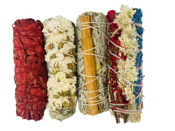 Smudging Kit for Cleansing Negative Energy and Blessing- Sinuata, Dragon Blood, Cinnamon and Triple Flower sage  Pack of 4