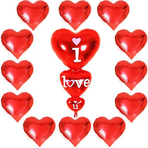 Dozen +1 Red Heart Shape Balloons - 1 I Love U Balloon - Helium Supported - Love Balloons - Valentines Day Decorations and Gift Idea for Him or Her, Wedding Birthday Decorations,Ribbon & Straw Included: Toys & Games