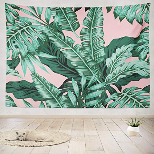 Tapestry Wall Hanging Tropical Green Leaves Pink Exotic Leaf Tropic Banana Palm Floral Flower Wall Tapestry for Bedroom Living Room Tablecloth Dorm 80