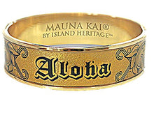 Load image into Gallery viewer, HAWAIIAN&quot;ALOHA&quot; HEIRLOOM STYLE ENGRAVED GOLD SLIP ON BANGLE BRACELET