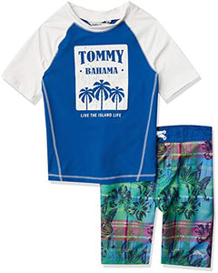 Tommy Bahama Boys' Rashguard and Trunks Swimsuit Set, Blue/White/Tropical