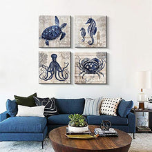 Load image into Gallery viewer, 4 Panel Canvas Wall Art - Ocean Theme Canvas Prints Sea Animal Octopus Crab Seaturtle Seahorse Decor Pictures  - 12 x 12 x 4 pcs (12&quot; x 12&quot; x 4pcs)