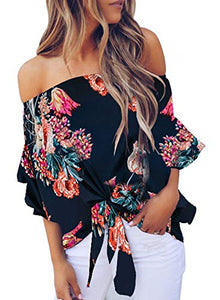 Tie Bow Off The Shoulder Flared Bell Sleeve Blouse