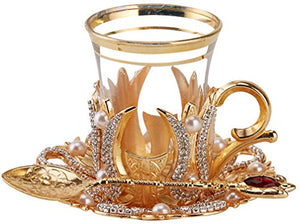 (Set of 6) Turkish Tea Glasses Set with Saucers Holders Spoons, Decorated with Swarovski Crystals and Pearl, 24 Pcs (Gold)