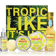 Load image into Gallery viewer, 5 Piece Bath and Body Set with Pineapple Scented Includes Essential Oil, Scented Candle, Bath Salt, Bath Bomb and Salt Scrub. Perfect Gift Box