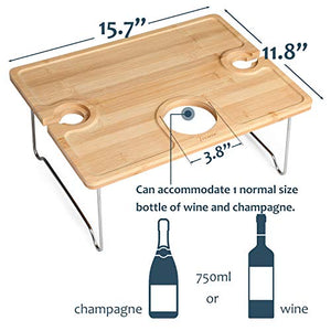 Outdoor Wine Picnic Table, Folding Portable Bamboo Wine Glasses & Bottle, Snack and Cheese Holder Tray for Concerts at Park, Beach, Ideal Wine Lover Gift