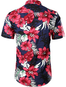 Men's Flower Casual Button Down Short Sleeve Hawaiian Shirt Medium Navy