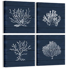 Load image into Gallery viewer, Coral Canvas Wall Art Prints Ocean Navy Blue Coastal Artwork Beach Home Decor Picture Framed Ready to Hang 12&quot;x12&quot;x4 Pieces
