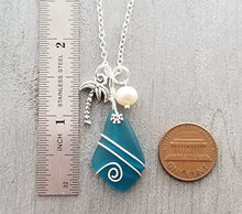 Load image into Gallery viewer, Handmade wire wrapped teal blue sea glass necklace, Tropical Palm tree, Natural pearl, (Hawaii Gift Wrapped)