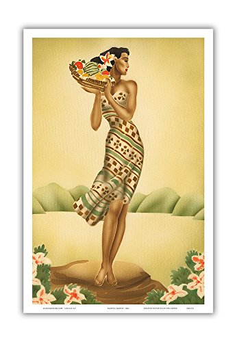 Vintage  - Hawaiian Woman Holding a Basket of Fruit  c.1940s - Master Art Print 12