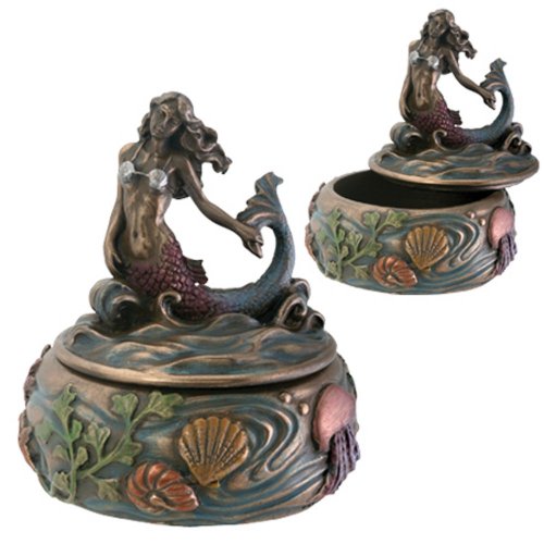 Hand Painted Riding Wave Mermaid Fantasy Art Nouveau Jewelry Box with Kelp and Sea Creature Display Decoration, 3 Inches