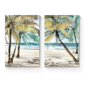 Palm Trees & Seascape Painting  for Modern Living Room Bathroom Bedroom (set of 2)