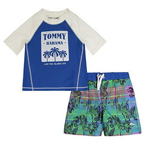 Tommy Bahama Boys' Rashguard and Trunks Swimsuit Set, Blue/White/Tropical