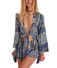 Load image into Gallery viewer, Women&#39;s Boho V Neck Print Romper with Long Flare Sleeves