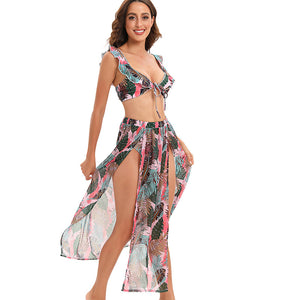 Tropical Print Ruffled Lace-up Three-piece Bikini and Slit Skirt
