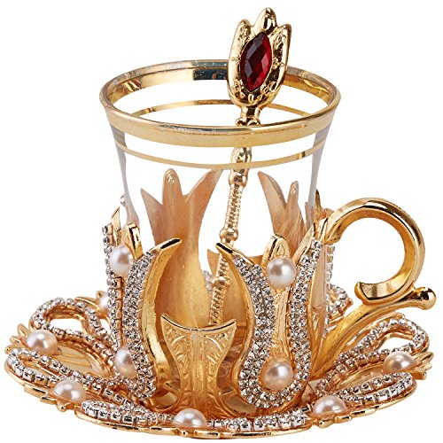 (Set of 6) Turkish Tea Glasses Set with Saucers Holders Spoons, Decorated with Swarovski Crystals and Pearl, 24 Pcs (Gold)