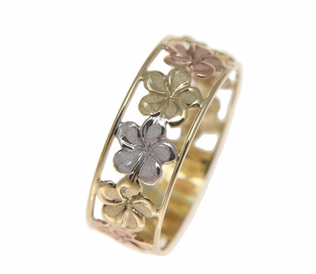 14K solid tricolor yellow white rose gold Hawaiian plumeria flower lei ring 6.5mm size 4 to 10