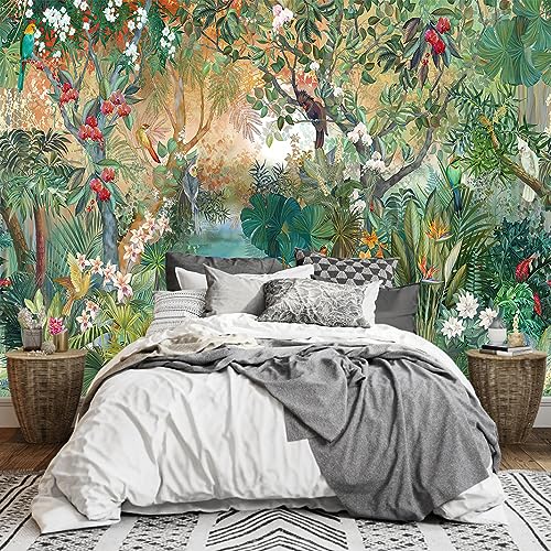 Jungle Wallpaper Tropical Plants Flower Bird Mural Wallpaper for Bedroom Living Room Bathroom Office(Not Peel 'n Stick)