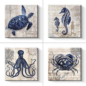 4 Panel Canvas Wall Art - Ocean Theme Canvas Prints Sea Animal Octopus Crab Seaturtle Seahorse Decor Pictures  - 12 x 12 x 4 pcs (12" x 12" x 4pcs)