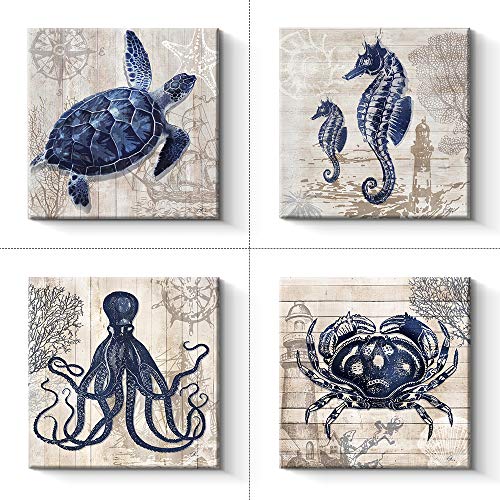 4 Panel Canvas Wall Art - Ocean Theme Canvas Prints Sea Animal Octopus Crab Seaturtle Seahorse Decor Pictures  - 12 x 12 x 4 pcs (12