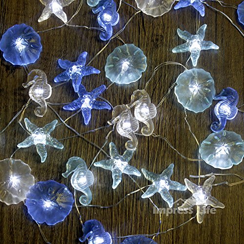  Impress Life Nautical Theme Decorative String Lights, Under The  Sea Sand Dollars Seahorse Beach Lights Battery&USB Plug in with Remote 10  ft 30 LEDs for Covered Outdoor Camping Wedding Birthday Party 