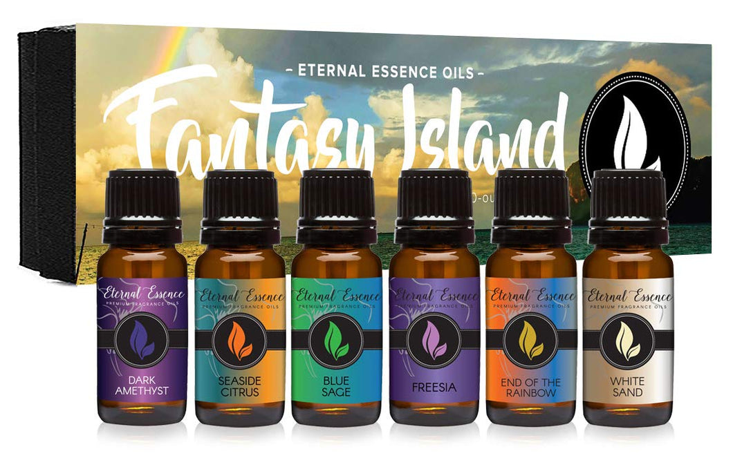 Fantasy Island - Gift Set of 6 Premium Fragrance Oils - Freesia, Dark Amethyst, Blue Sage, End of The Rainbow, White Sand, Seaside Citrus