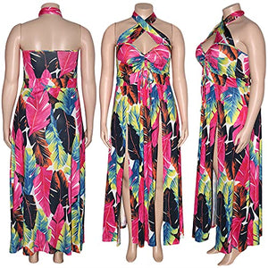 Plus Size Halter Floral Print Split Dress