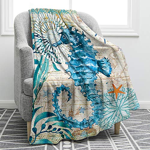 Sea Horse Blanket Smooth Soft Ocean Style Print Throw Blanket for Sofa Chair Bed Office Gift 50