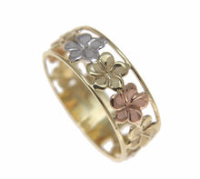 Load image into Gallery viewer, 14K solid tricolor yellow white rose gold Hawaiian plumeria flower lei ring 6.5mm size 4 to 10