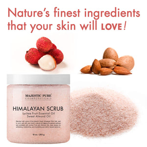 Majestic Pure Himalayan Salt Body Scrub with Lychee Essential Oil, All Natural Scrub to Exfoliate & Moisturize Skin, 10 Ounce (Pack of 1)