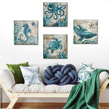 Load image into Gallery viewer, Teal Home Wall Art Decor - Ocean Theme Mediterranean Style Canvas Prints Framed and Stretched Ready to Hang Sea Animal Octopus Turtle Seahorse Whale Pictures Posters Bathroom - 12 x 12&quot; Panel Set of 4